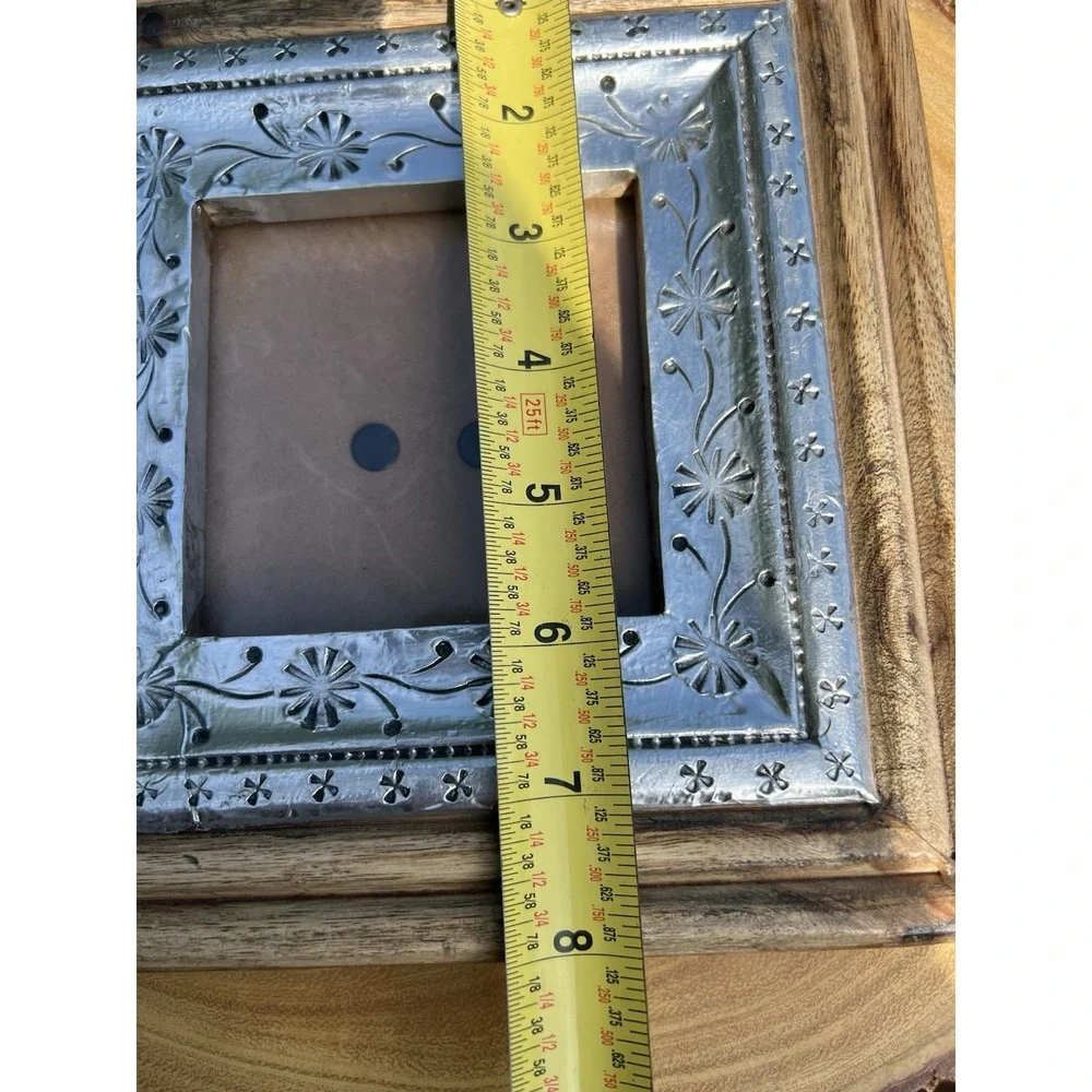 Leo Arts India 8x8 Mango Wood 4x4 Picture Frame Silver Embossed Rustic Boho
